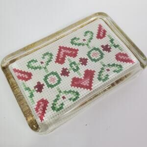 Vintage 83' Hearts Floral Cross Stitch Handmade Glass Paperweight Office Decor